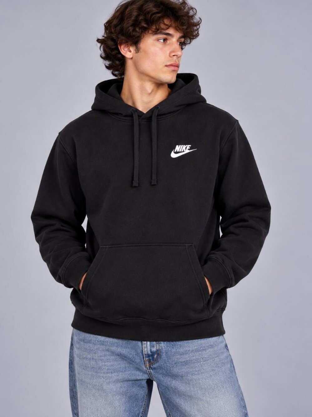 Nike Sportswear Men's M Black Pullover Hoodie White Logo